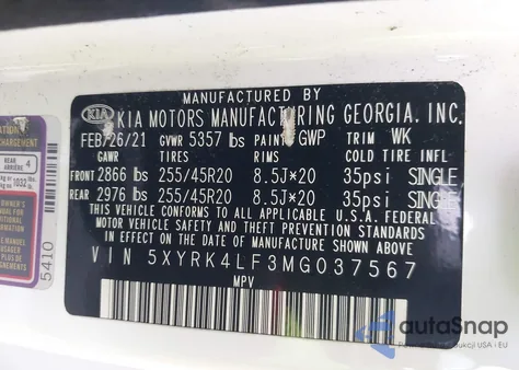 2021 Kia Sorento Sx Prestige из США, поврежденный, VIN 5XYRK4LF3MG037567